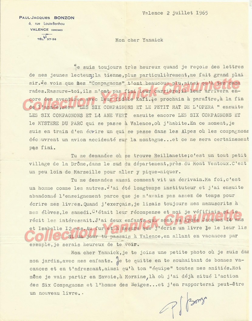 Lettre de PJB 1965